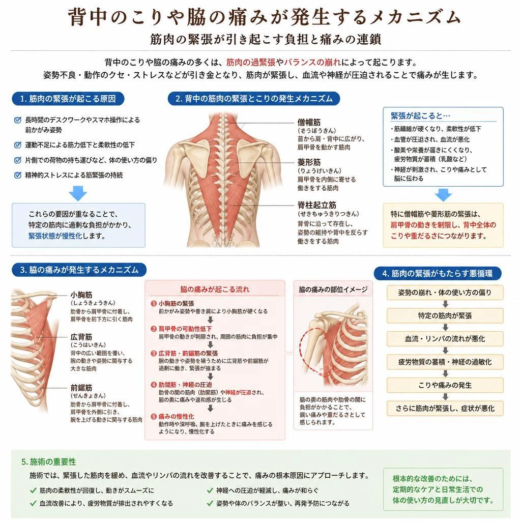 2. 背中のこりと脇の痛み、それぞれのメカニズムとは？